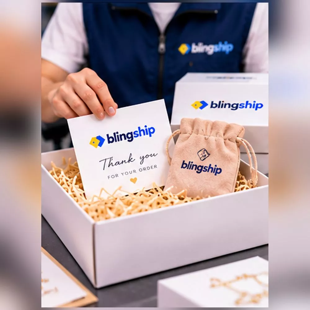 BlingShip custom jewelry box, pouch and thank-you card packaging